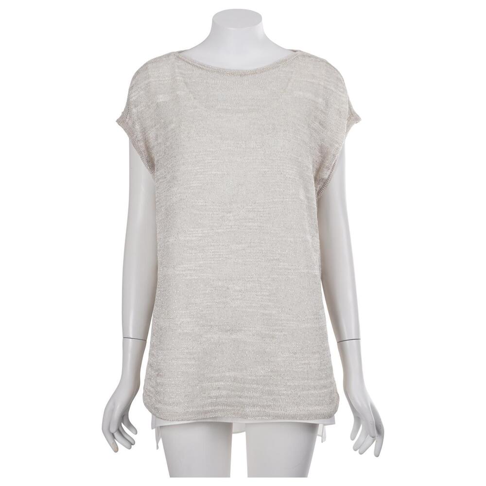 Lafayette 148 New York Top M Beige Metallic Shimmer Linen Blend Knit Lined